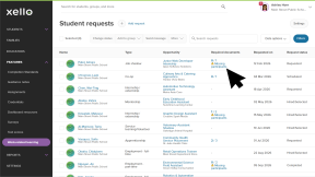 The Student requests page. There are a number of students with a variety of opportunities. Some have forms that need to be completed or missing participants. The cursor is clicking the Missing participants link next to a student request.